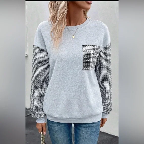 SHEIN- Houndstooth print drop Shoulder Sweatshirt - black / grey - size M - Picture 2 of 12